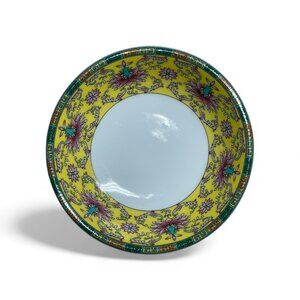 Yellow Rim Lotus Flower Pattern Ceramic Trinket Dish 4 inch Diameter